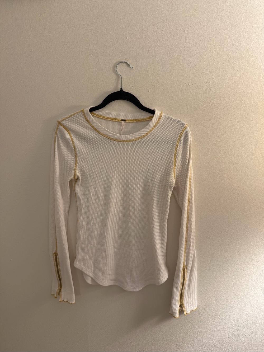 Free People Cream Waffle Knit Long Sleeve Top with Gold Trim